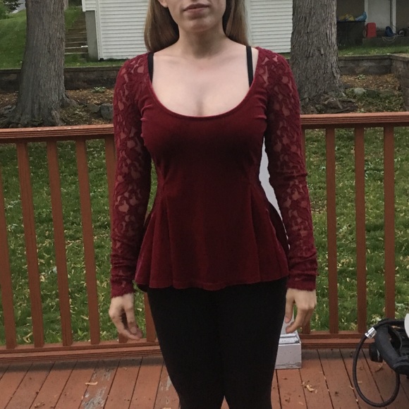 Free People Tops - Free People Maroon Velvet Lace Ice Skater Top